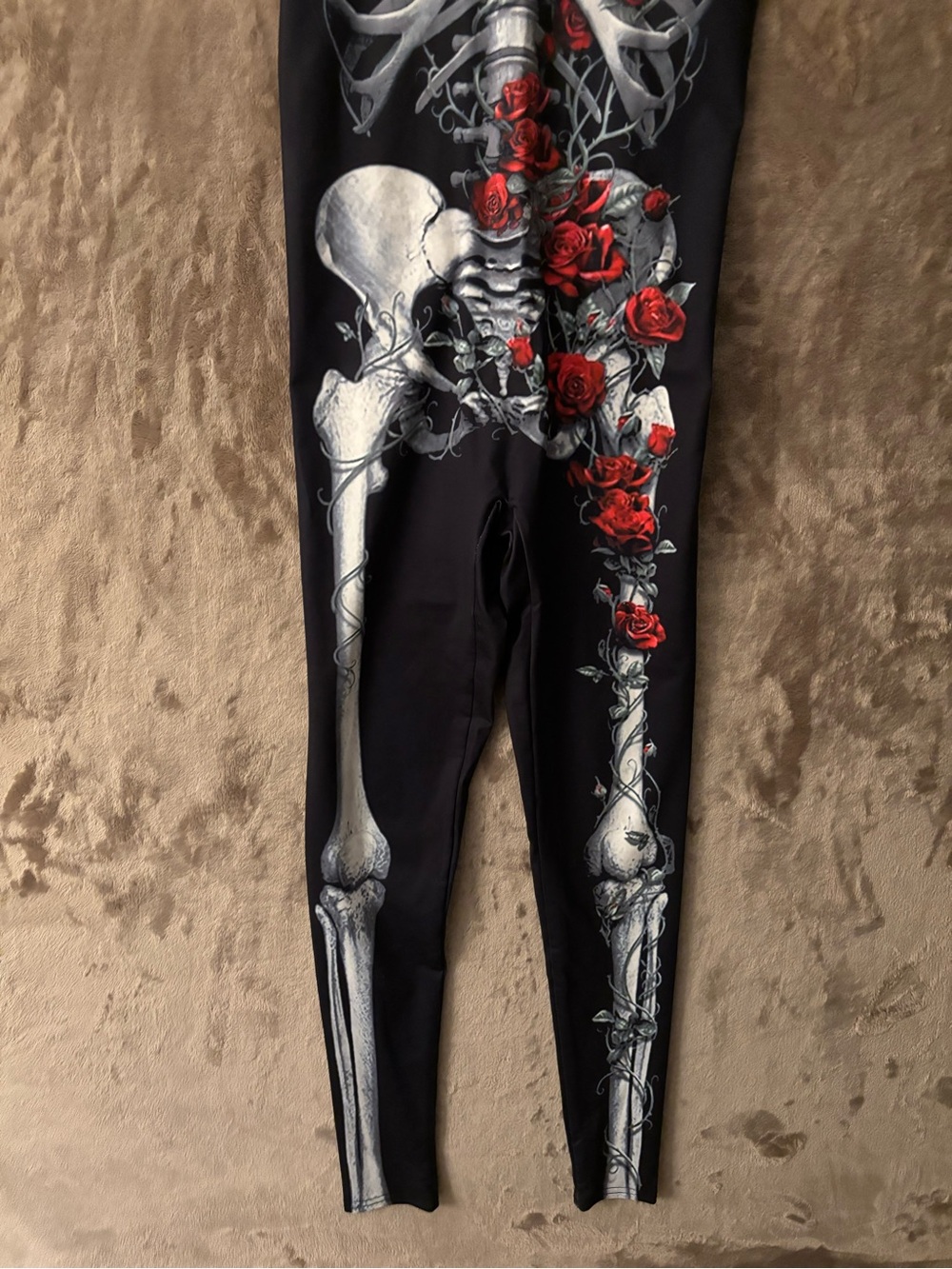 Women’s Black Skeleton Jumpsuit Bones & Red Roses Halloween Costume Size S - Picture 4 of 7